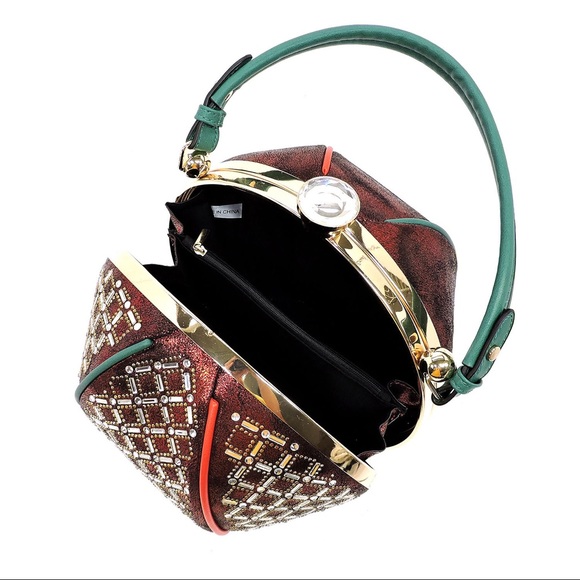 Rhinestone Frame Round Satchel Handbag - Picture 6 of 7